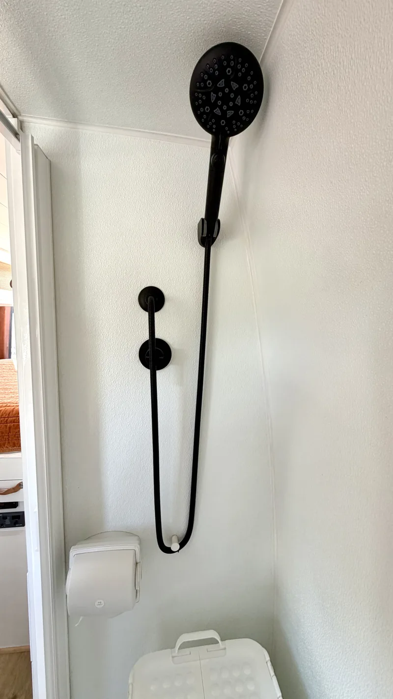 Shower head and controls inside the wet bath