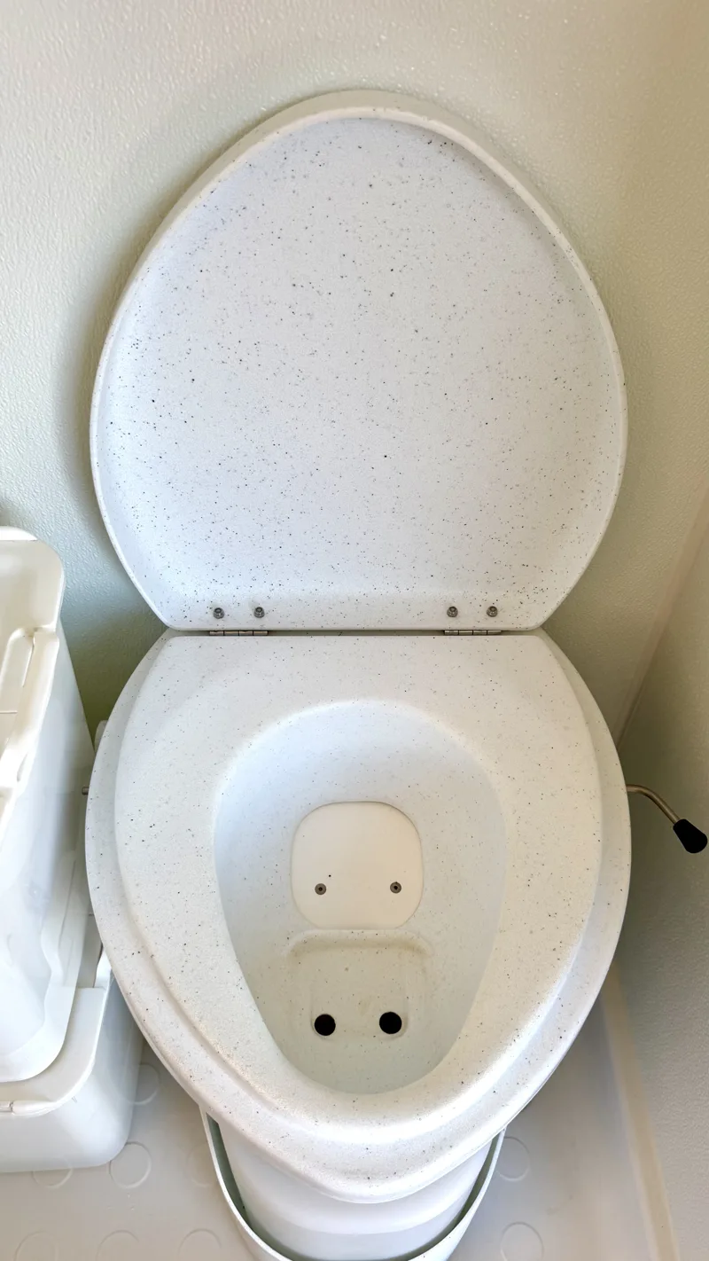 Composting toilet with the lid raised