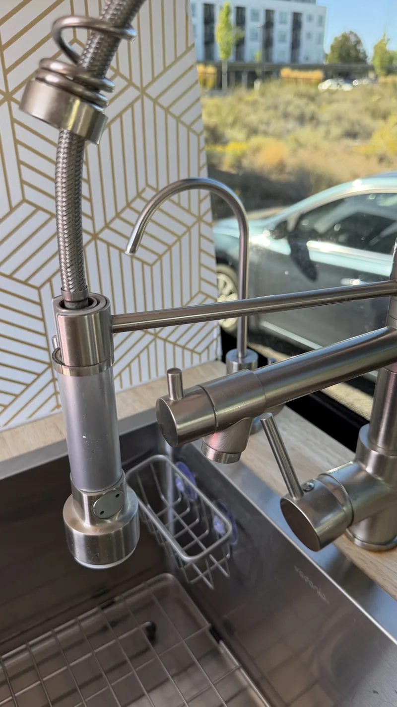 Close-up of the spring-coil kitchen faucet